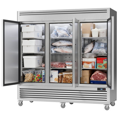 Coolake 82" Width 72 Cu.ft 3 Solid Doors Commercial Reach-in Upright Freezer In Stainless Steel Led Lighting For Restaurant Cafe Hotel Kitchen Prep Ar