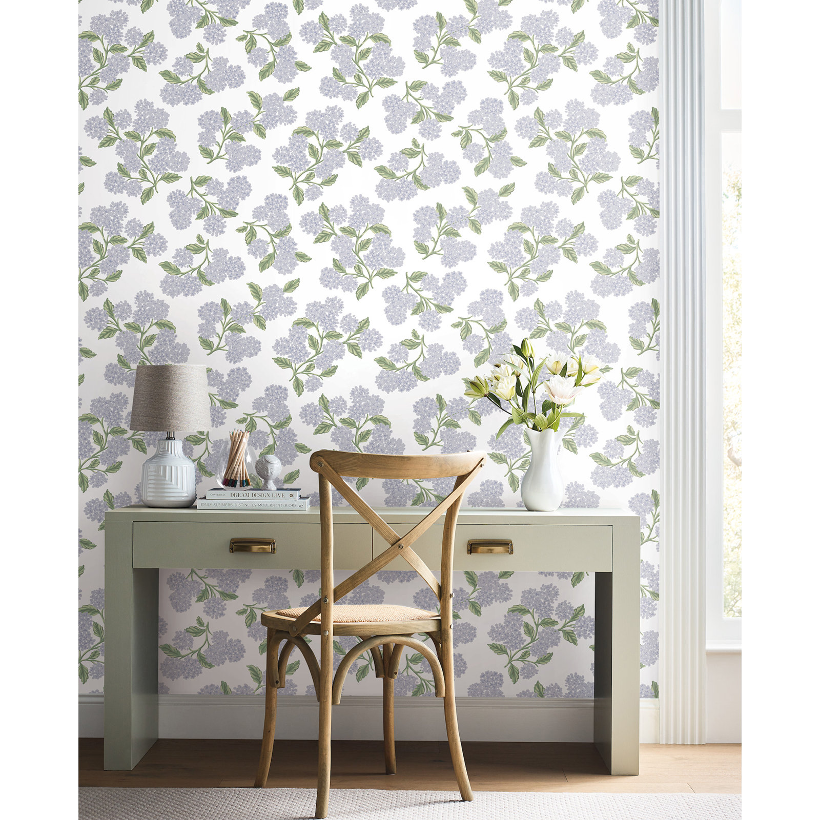 Hydrangea White Peel and Stick Wallpaper, Purple
