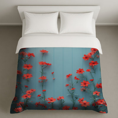Red Wildflowers On Blue Duvet Covers