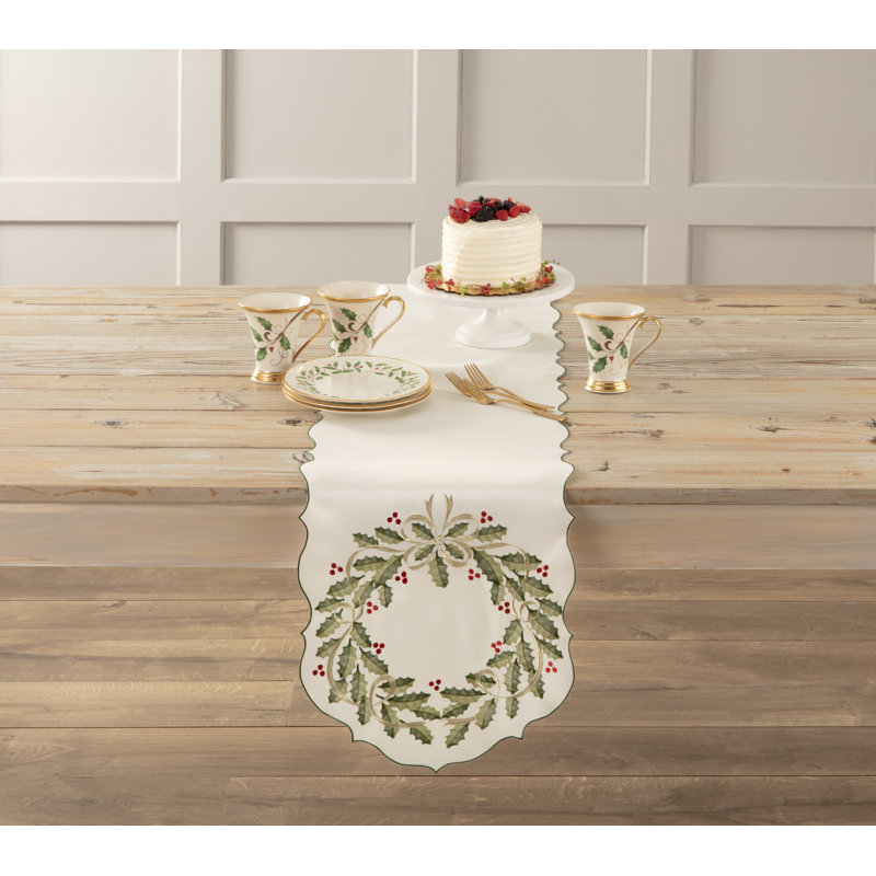 Cream Polyester Holiday Wreath Table Runner with Embroidery