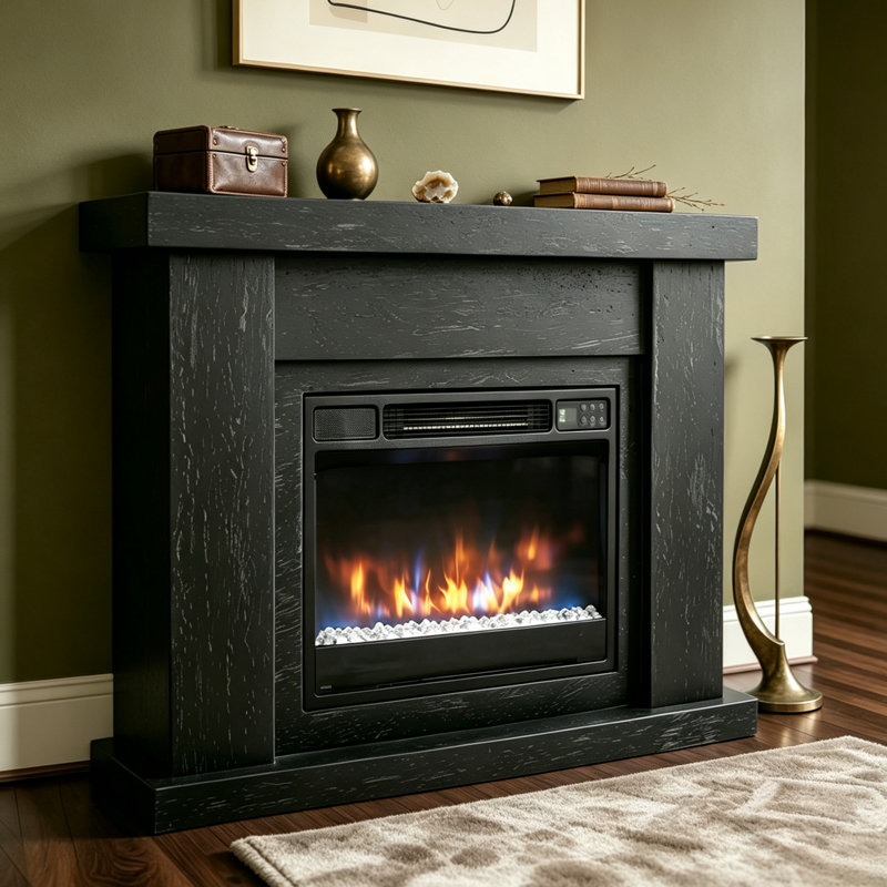 44.5"W Electric Fireplace & Mantel Package, Black Travertine
