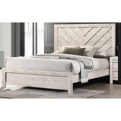 Grand lit beige gris, finition rustique, tête de lit géométrique, articles en bois massif, tête de lit avec motif