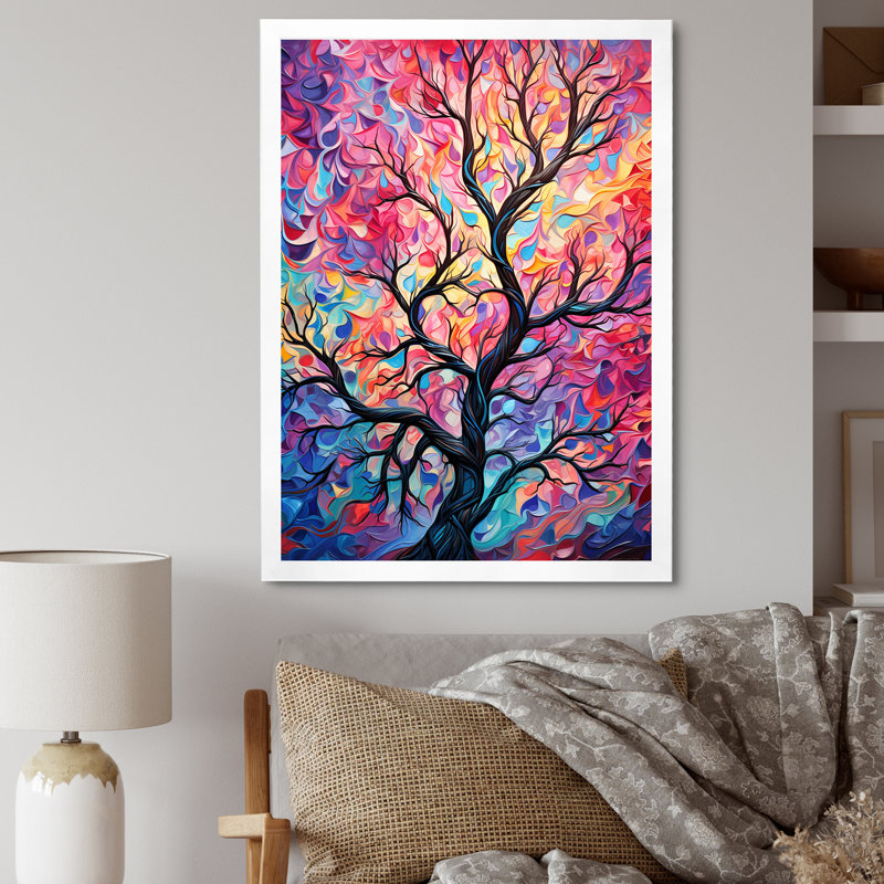 «Pink Tree Essence I» - art mural arbre, Cadre simple blanc, H 32 po x l 16 po x P 1 po