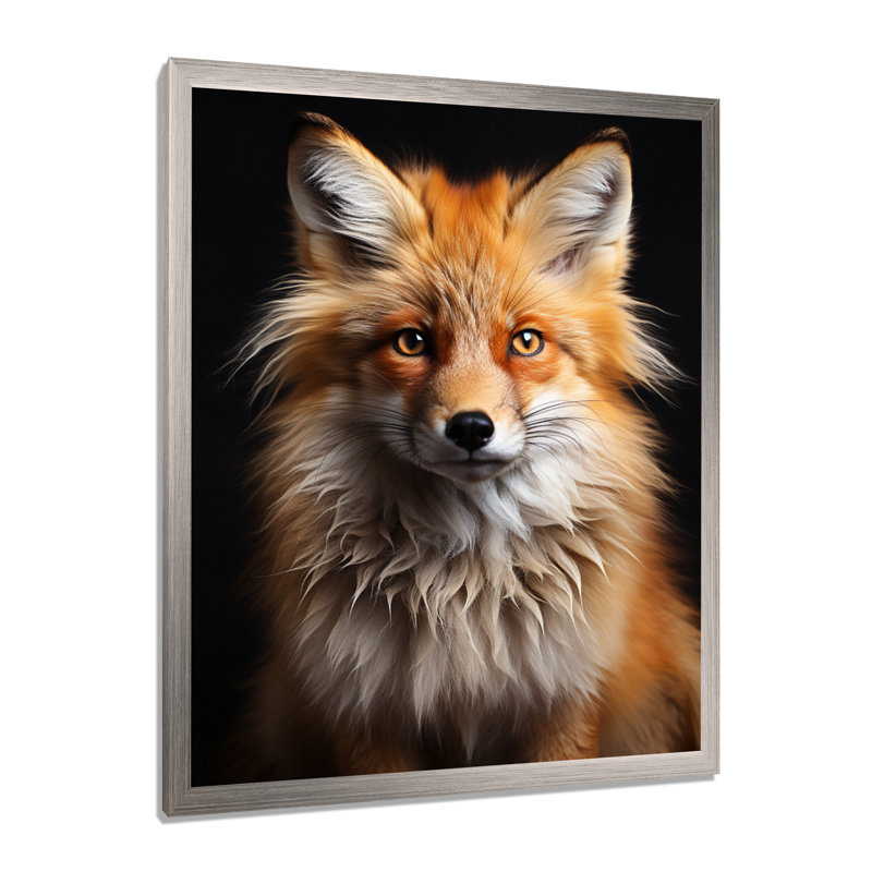 «Orange Fox Guardian», art mural renard, H 40 po x l 30 po x P 1,5 po, Cadre simple argenté