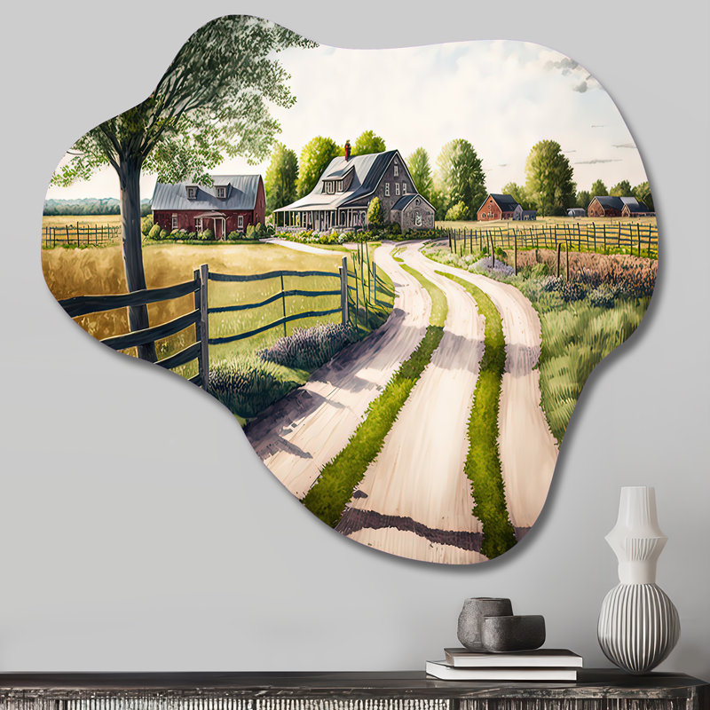 Calm Red Barn In Spring IV - Cloud Barn Landscape, reproduction d'art murale en métal asymétrique, H 25 po x l 28 po x P 1 po
