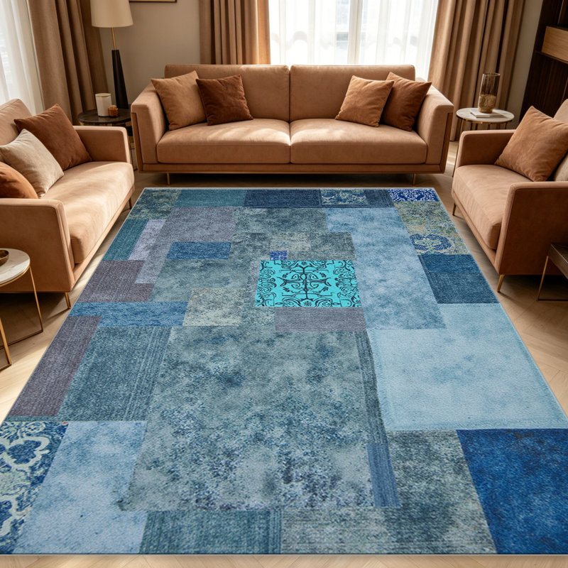 Modern Patchwork Blue carpet-easy to clean, machine-washable, soft and comfortable; suitable for door mats, kitchens, living rooms, bedrooms, corridors, and laundry areas. Easy to clean, durable carpet for home decoration.