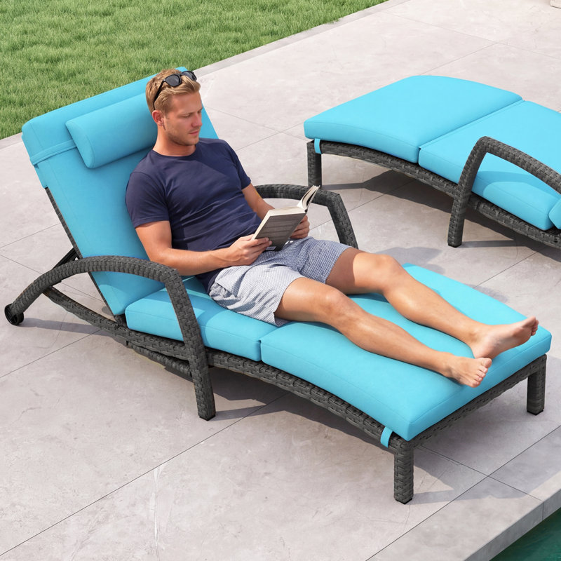 Ensemble de chaises longues 2 pièces en osier gris avec coussins bleus pour patio extérieur et bord de piscine, Blue, Gris