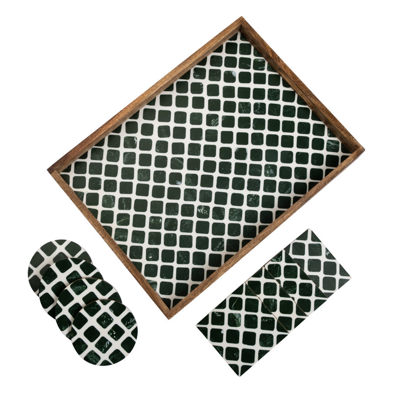 Ahsan Solid Wood Tray, White/Green