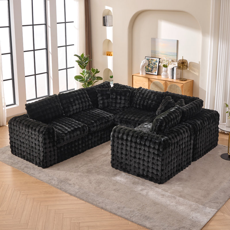 Canapé modulaire 6 pièces à compression modulaire, Similifourrure noire