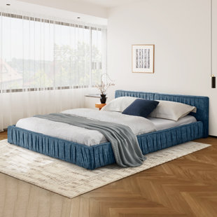 Modern Queen Size Upholstered Platform Bed Frame With Chenille Fabric And Pleated Headboard
