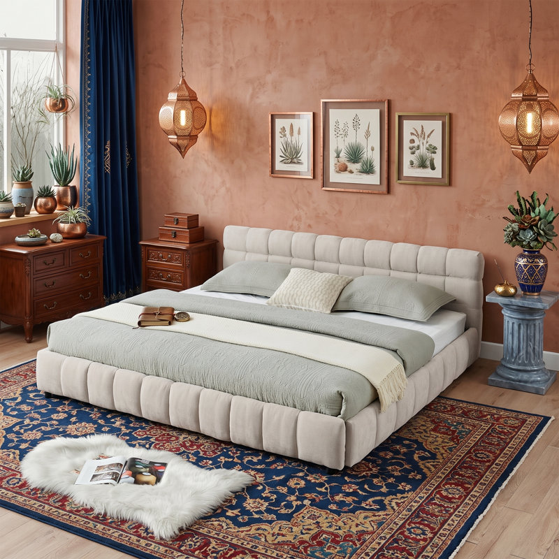 Très grand lit tapissier en chenille de 31 po de hauteur et 81 po de large avec tiroirs de rangement, Beige