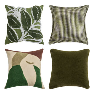 Linen Tuft Throw Pillow Cover,Faux Fur Cushion Case,Green Thousand Bird Grid Pillowcase,Set of 4 (Set of 4)
