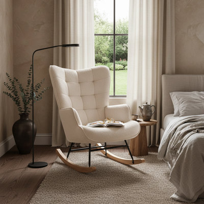 Tufted Rocking Chair, Modern Scandinavian Bouclé Accent Chair with Solid Wood Runners, Beige/Light Grey/Dark Grey/Pink