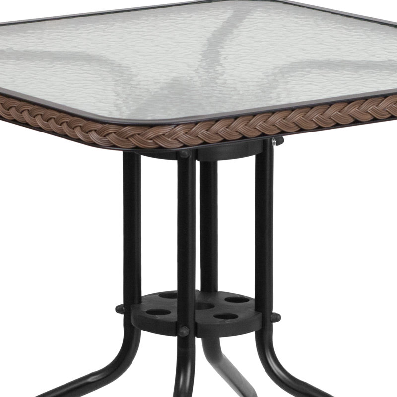 Amlie 28'' Square Glass Metal Table with Rattan Edging and 4 Rattan Stack Chairs, Dark Brown