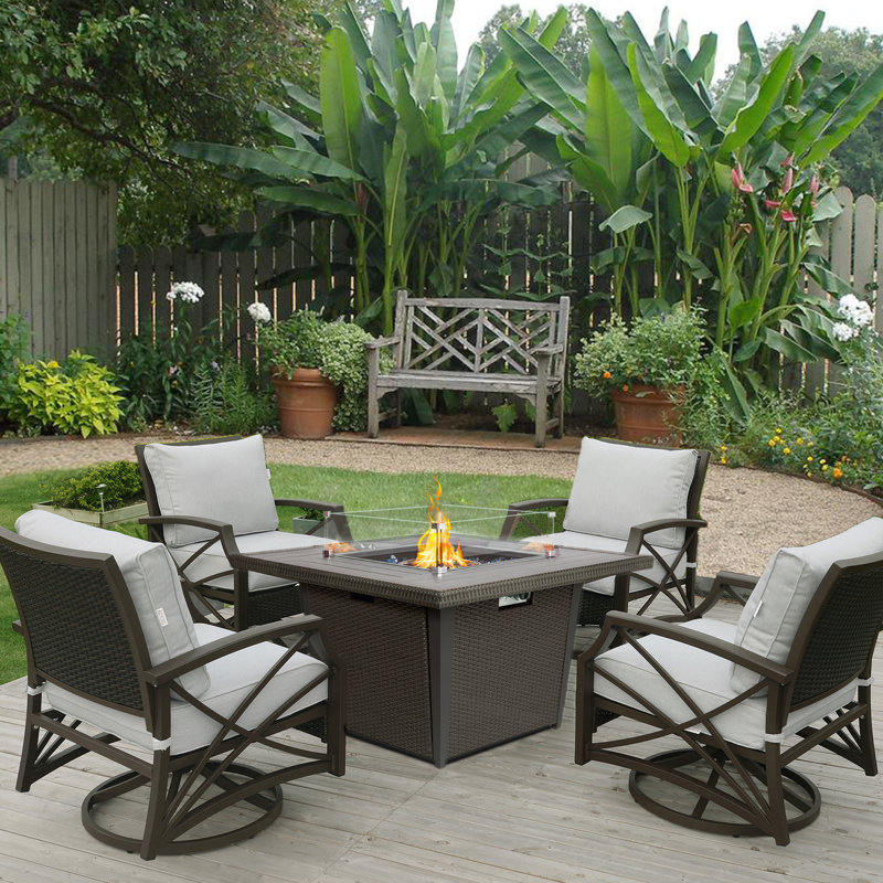 Roam 5 Piece Handwoven Rattan Outdoor Propane Gas Fire Table Set With Cushions, Gray, Slate Gray