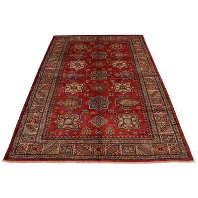 Tapis rouge / bleu en laine noué à la main à motif oriental 4 pi 10 po x 6 pi 7 po Lovorko
