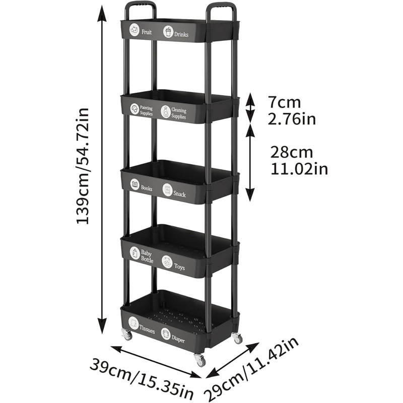 5-Tier Rolling Cart with Wheels,Multifunction Utility Storage carts, Kitchen Storage Organizer,Mobile Shelving Unit, Black