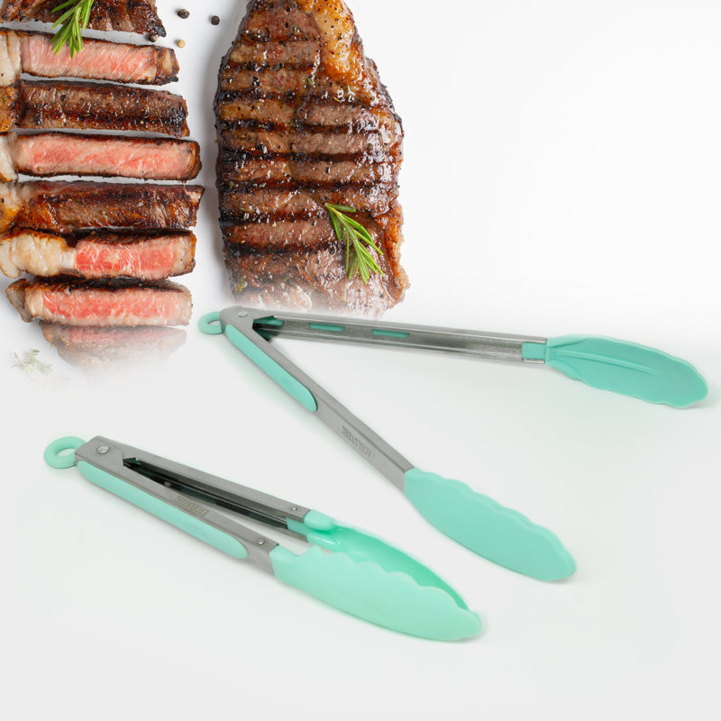 Teal Silicone and Stainless Steel Cooking Tongs Set