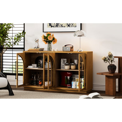 Buffet arqué à 4 portes avec verre et tablettes réglables, Aura rétro, bois naturel, pour un usage domestique, look, essentiel