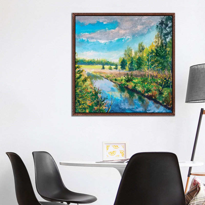 River In Spring Green Forest by Valery Rybakow - Painting on Canvas, Brown Framed Canvas, 66.04 cm H x 66.04 cm W
