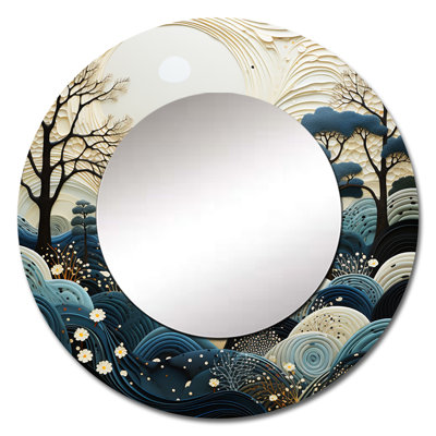 Japon Art Blue Serene Zen Minamlism Landscape IV - Japan Art Wall Mirror, Global Round Decorative Mirror, Printed Metal Art