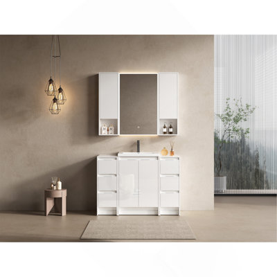 Meuble-lavabo autoportant de 48 po avec lavabo en résine, 2 armoires de rangement, 2 armoires murales, portes et tiroir à fermeture en douceur, blanc brillant, contreplaqué (KD-Packing)