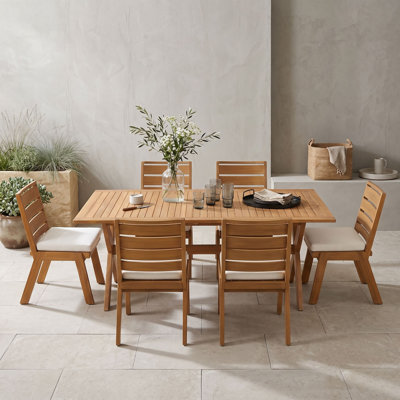 Wood Outdoor Dining Set with Extendable Teak-Finish Table and 6 Cushioned Chairs for Patio