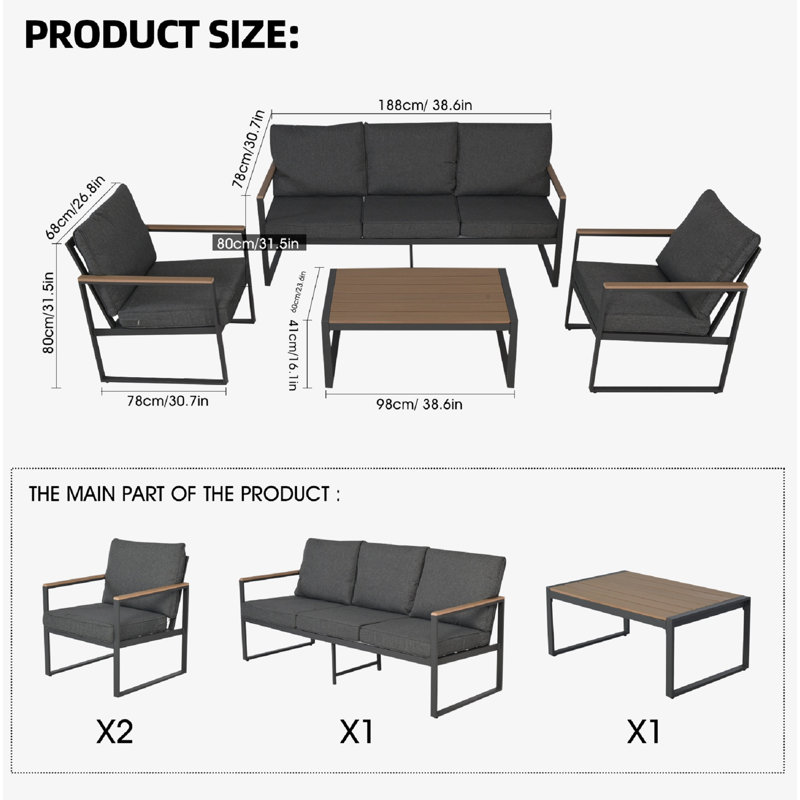Ensemble de mobilier d'extérieur 4 pièces Canapé de terrasse moderne en aluminium Table basse à cadre en bois artificiel