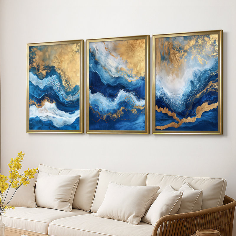 ABSTRACT Series CDXV III - Toile tendue avec châssis sur mesure - 3 pièces, H 15 po x l 19 po, Doré