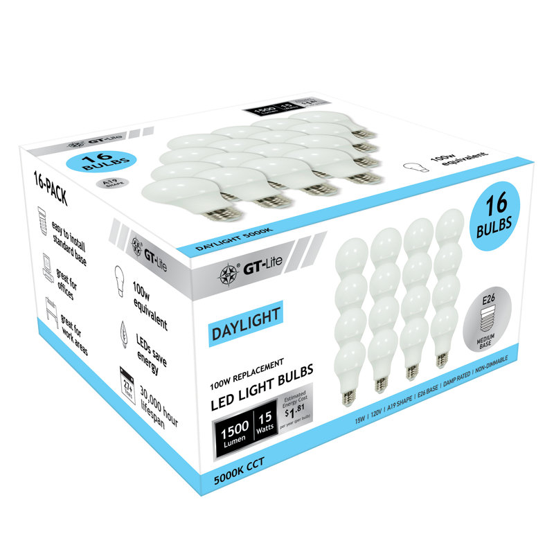 1500 ampoules DEL A19 2700/3500 / 5000K 1500 W équivalentes 100 W (ensemble de 16), 5000 K