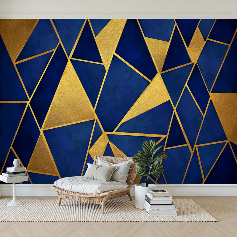 Peel and Stick Wallpaper Modern Self Adhesive Wall Mural for Bedroom Abstract Blue Gold Geometric Art Luxury Minimalist Foil Artistic