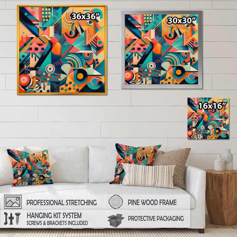 «Blue and Orange Retro Boundaries II», reproduction sur toile géométrique moderne, H 16 po x l 16 po x P 1 po