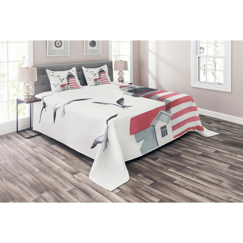 King Size White Quilted Bedspread Set with Lighthouse Design