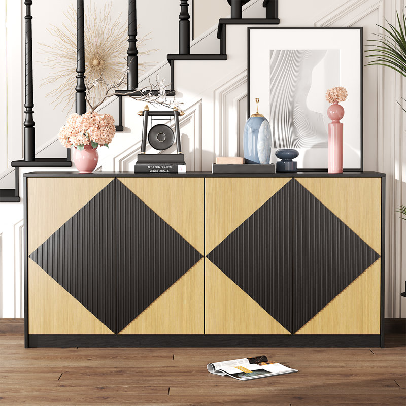 65" Wide Kitchen Sideboard With 4 Fluted Doors, Adjustable Shelves, Oak/Black