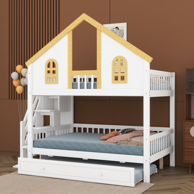 Lit superposé House avec lit gigogne, structure en bois massif avec escalier de rangement, toit et fenêtres pour enfants, garçons et filles