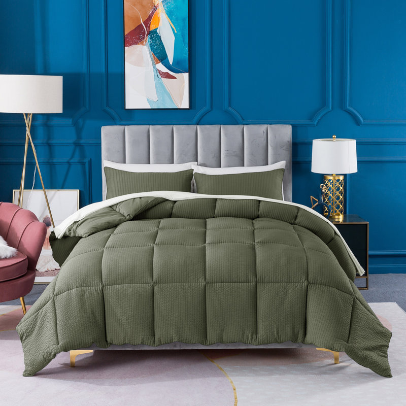 All Season Down Alternative Quilted Comforter Set-Soft Microfiber Seersucker Bedding Set Textured, Sage Green