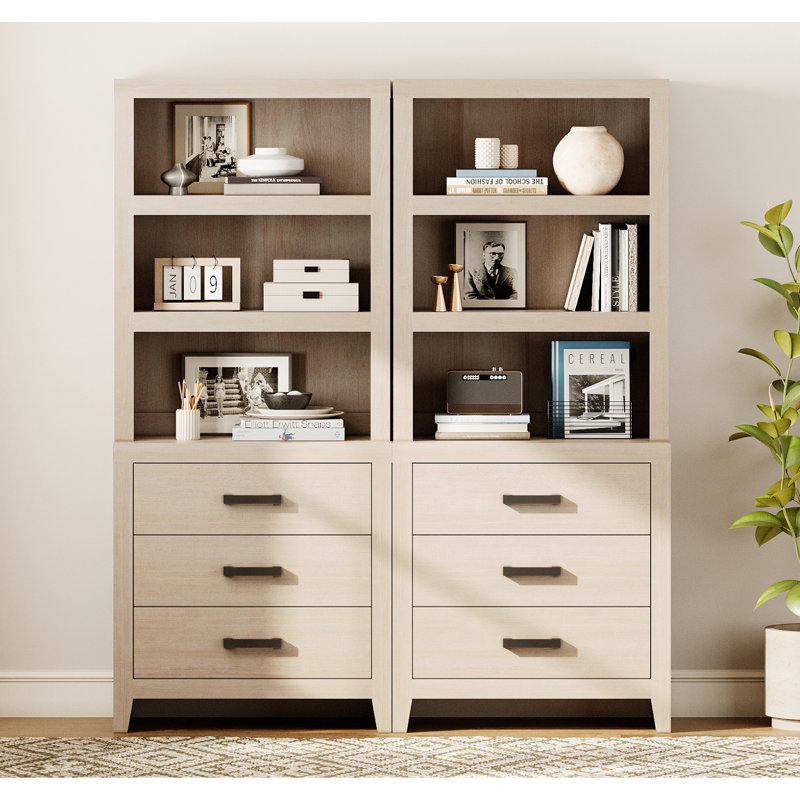 74" Tall Bookbookshelf, Large Farmhouse Bookcase With 3 Drawers Set Of 2, Wood Bookshelves Storage Cabinets For Living Room, Home Office, Library, Beige