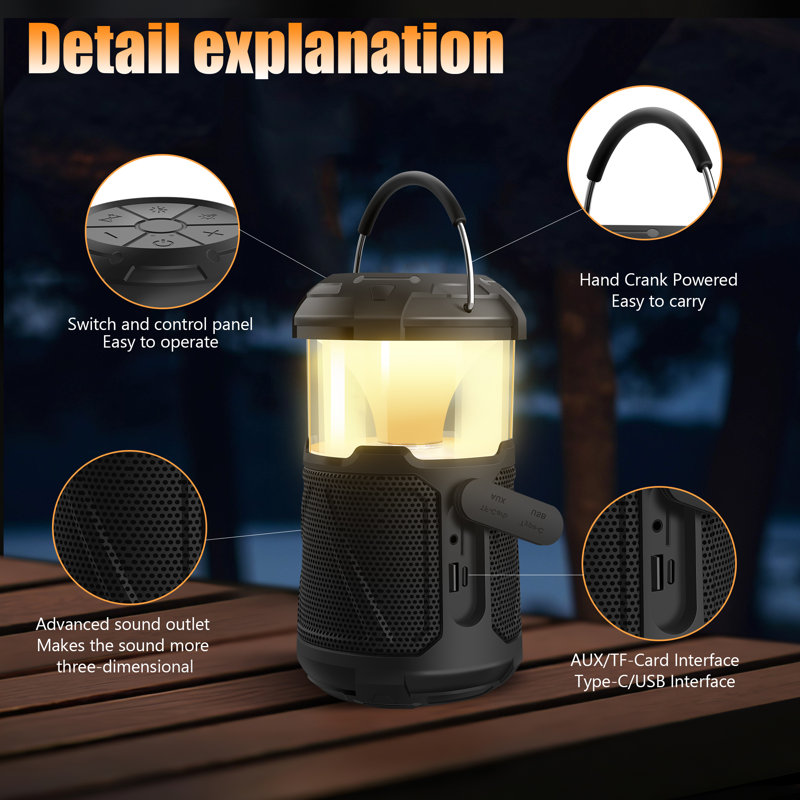 Integrated LED Outdoor Lantern: 3-in-1 Rechargeable Camping Lantern with Bluetooth Speaker, Type-C & USB Charging Ports, Collapsible Portable Lantern Flashlight for Hiking, Camping, and Emergency Use