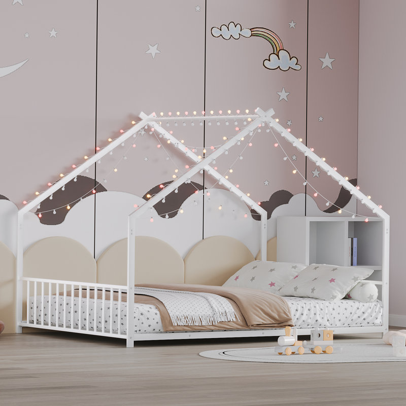Lit à structure de toit en fer pour enfants, conception à profil bas robuste et sécuritaire, Double, Blanc