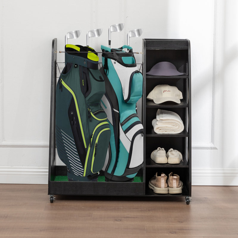 Premium Wooden Golf Bag Organizer with Storage Shelves and Rolling Wheels