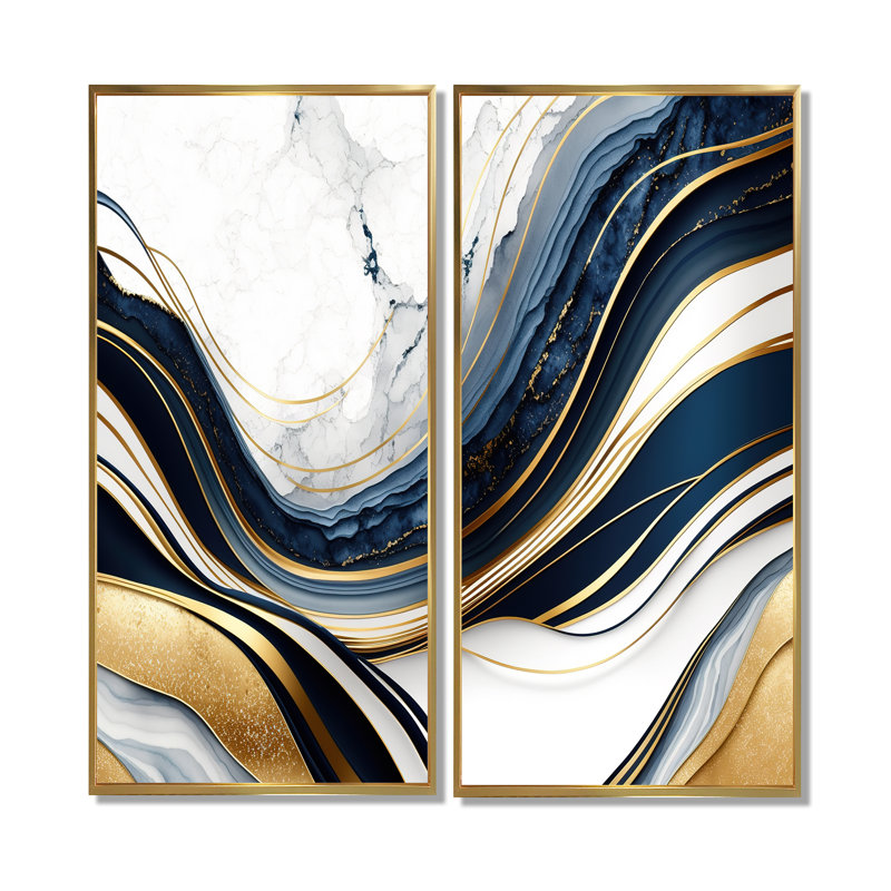 «Abstract Geode Waves Blue and Gold III», art mural abstrait sur toile 2 pièces, H 32 po x l 32 po, Doré