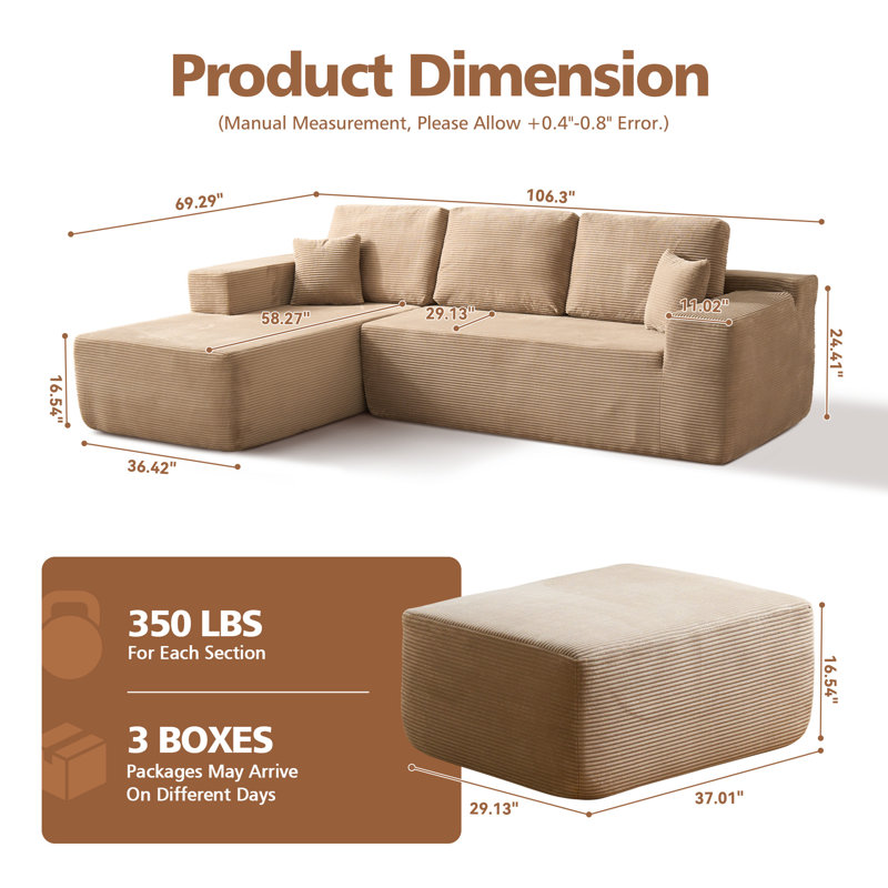 Seren Boneless 106" Modular L-shaped Sectional Sofa With Ottoman, No-assembly Cloud Couch, Boneless Design For Modern Living