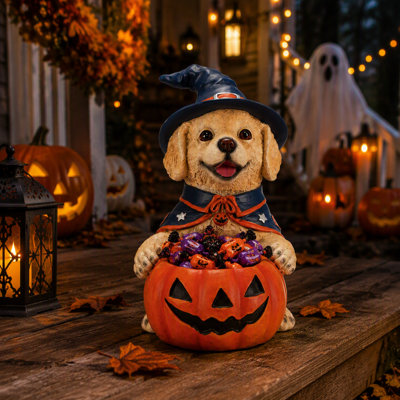 Cute Labrador Retriever Witch Puppy Figurine Holding Pumpkin Candy Bowl for Halloween Tabletop Decor