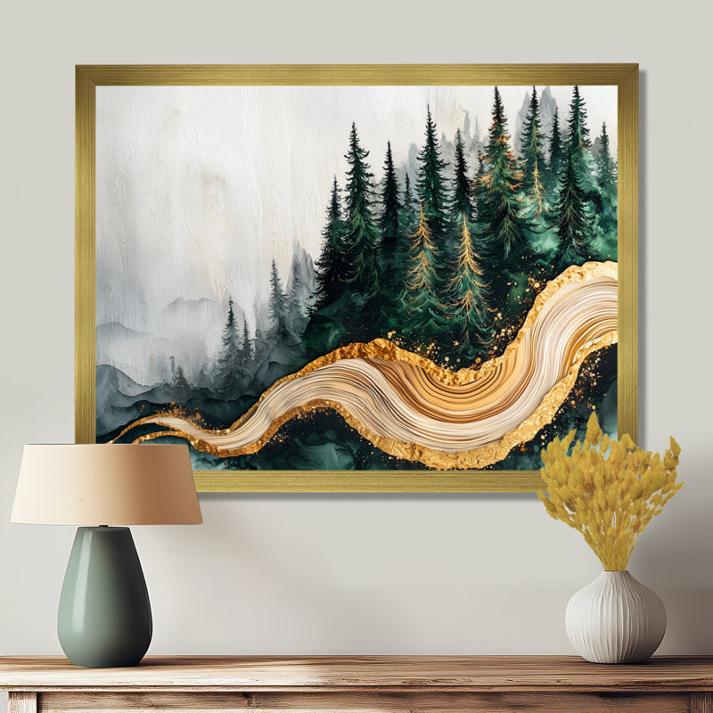 Forêt forêt de cristal émeraude I - forêt, art mural, H 12 po x l 20 po, Cadre flottant, Doré