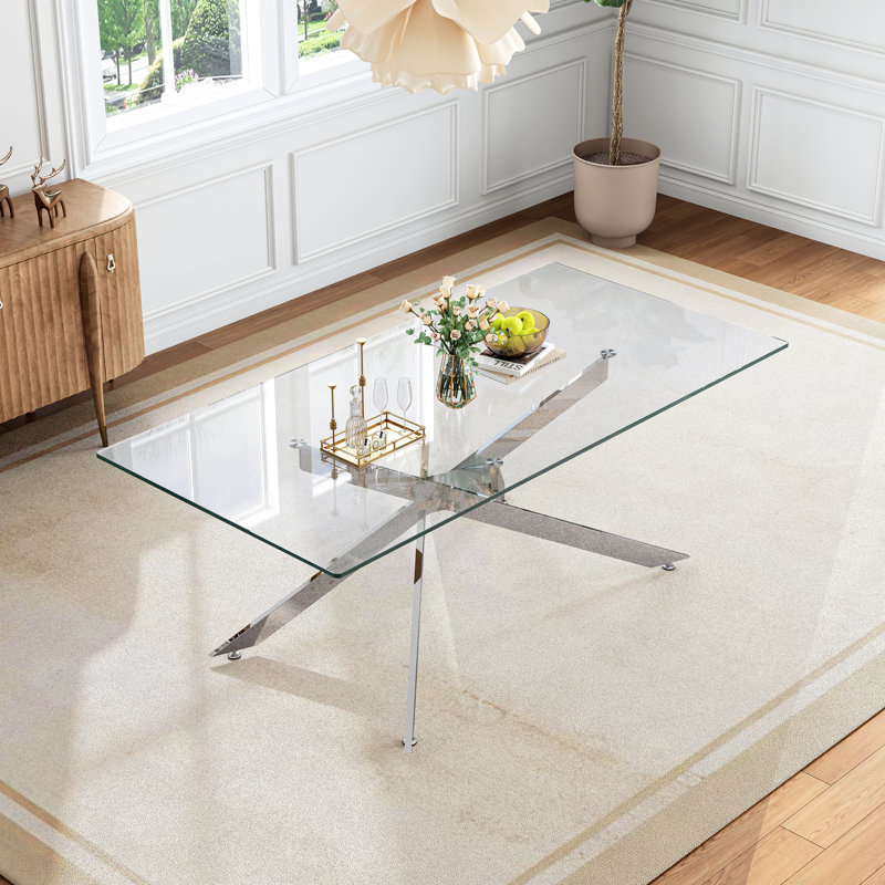 Merell 79'' Glass Top Metal Base Dining Table, Silver