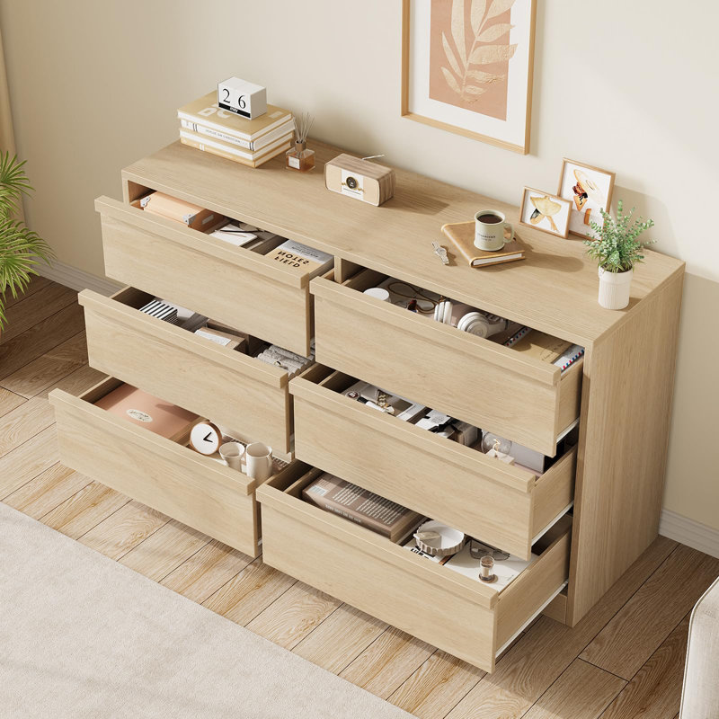 Commode moderne à 6 tiroirs pour chambre à coucher, large commode en bois de chêne naturel avec grand rangement, organisateur robuste à deux rangées pour chambre d'enfant et salon