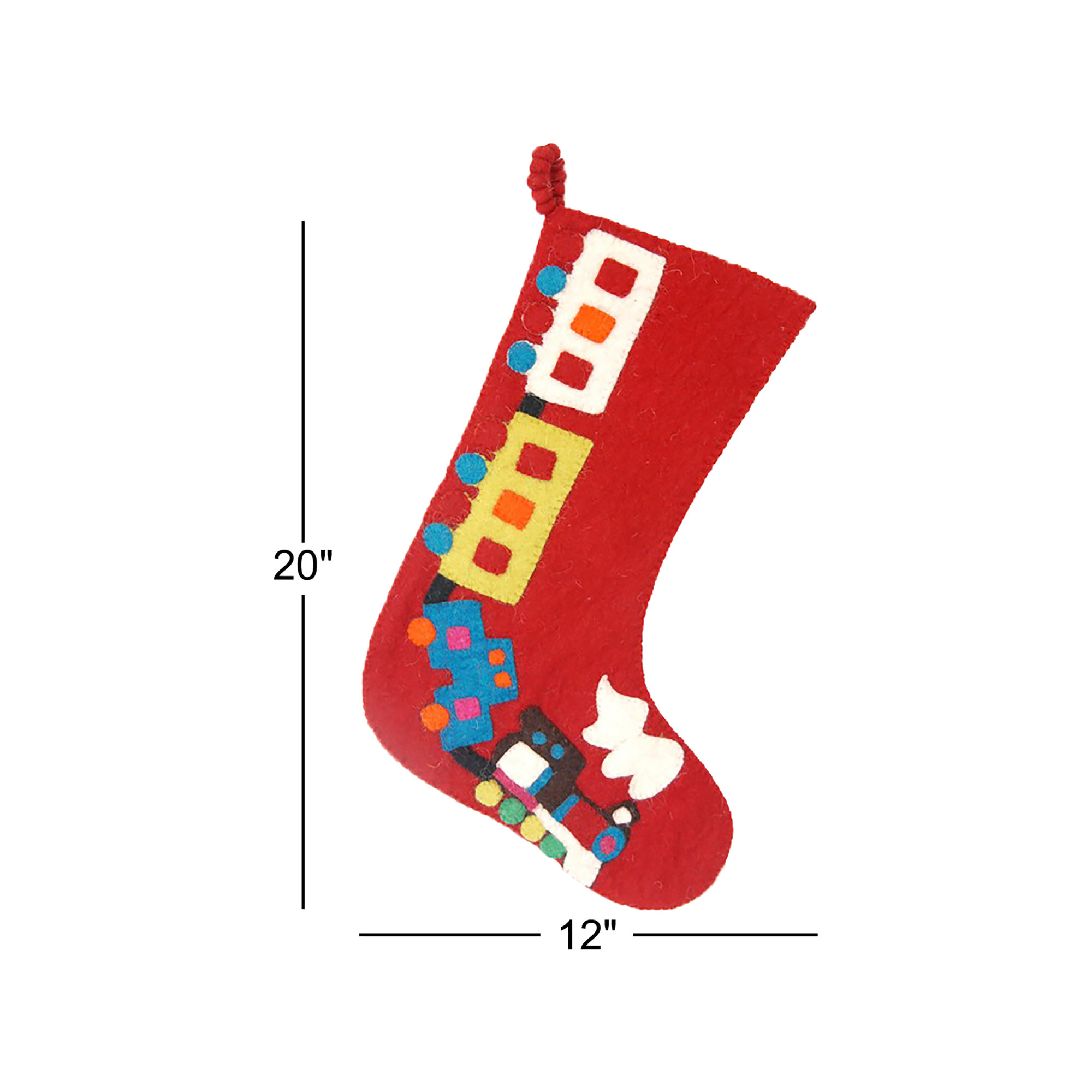 Snowflakes Hand Felted Wool Kids Christmas Stocking - Train on Red, 20" H x 12" W