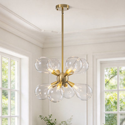 Lustre sphérique 8 lumières avec abat-jour en verre transparent avec globe en forme de larme Mid-Century