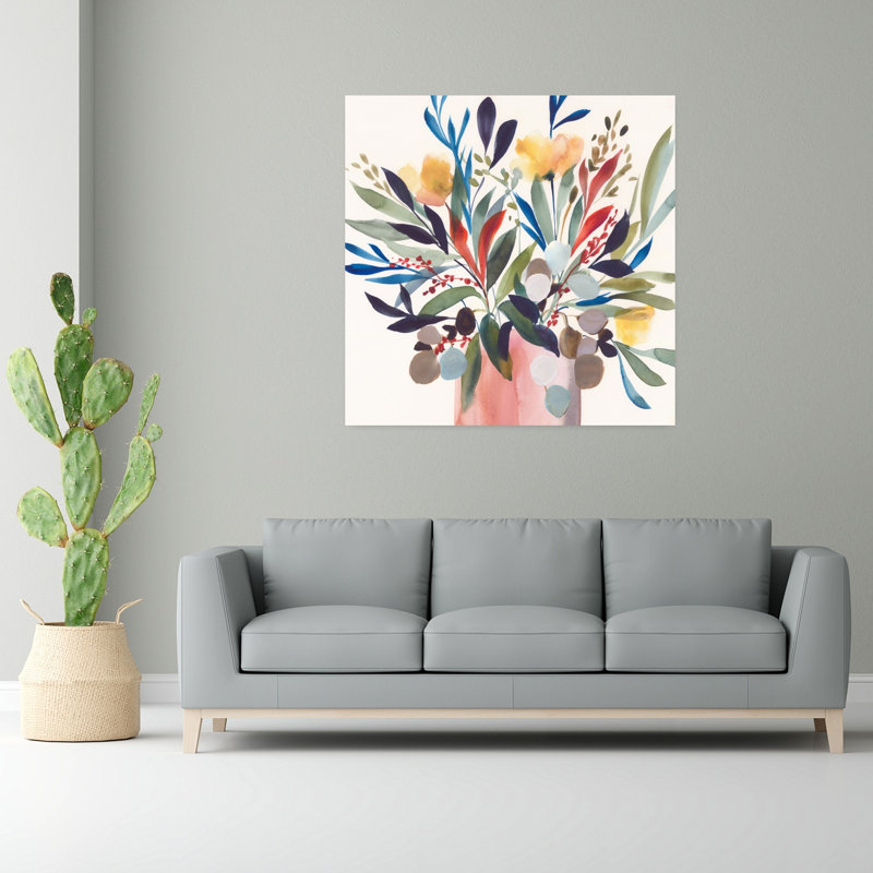 Art mural abstrait contemporain floral symphonique à l'aquarelle, H 48 po x l 48 po
