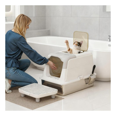 Enclosed Cat Litter Box with Scoop and Deodorizing Stainless Steel Interior, Gray and White